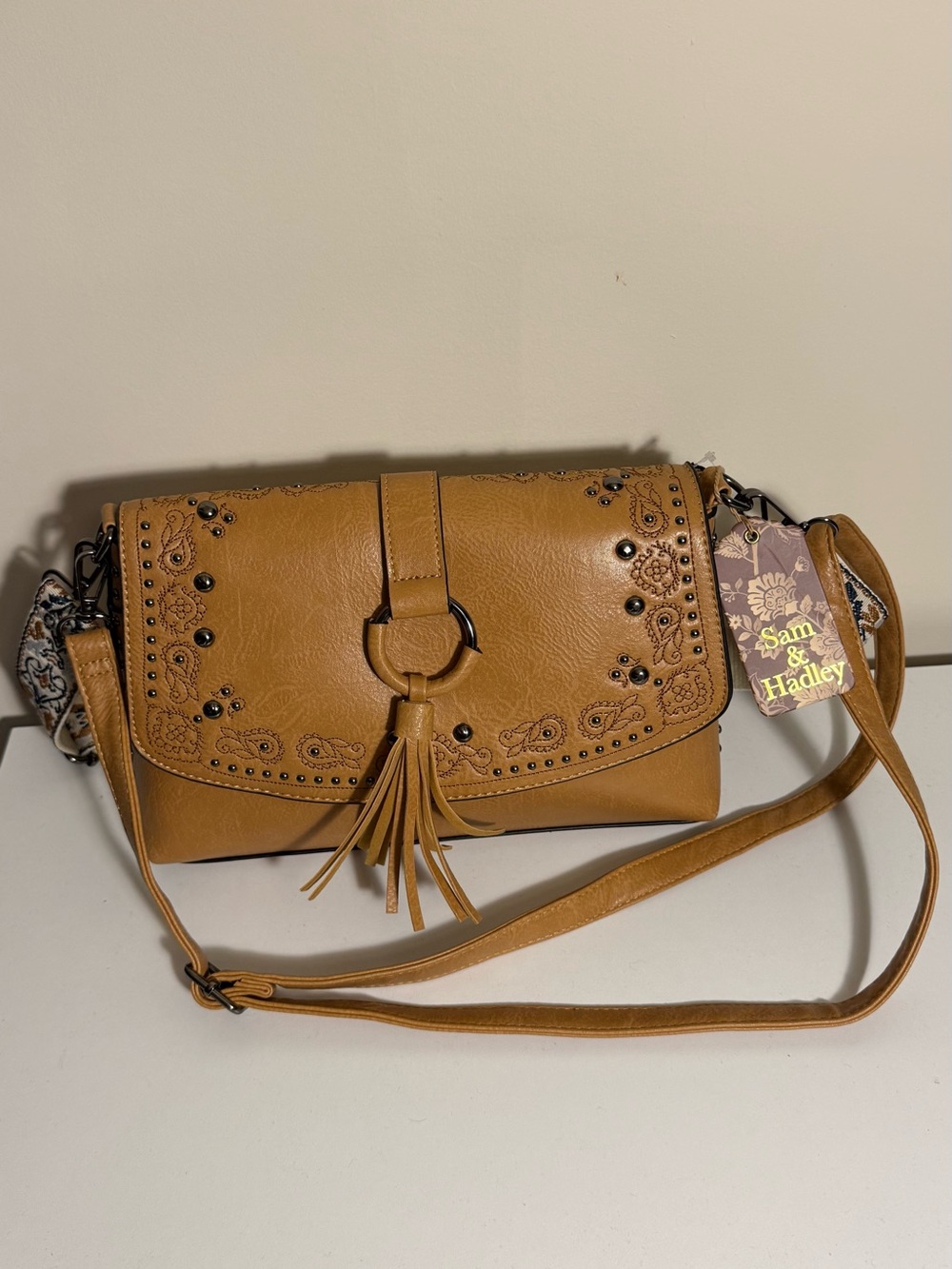 Embroidered Tassel Crossbody Bag in Tan - Picture 2 of 8
